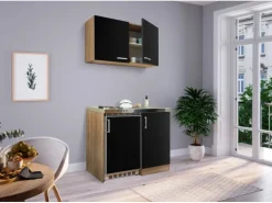 Respekta Miniküche MK100ESSOS 100 cm Schwarz-Eiche Sägerau Nachbildung