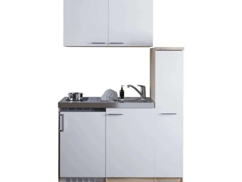 Respekta Miniküche MK130ESWOSC 130 cm Weiß-Eiche Sägerau Nachbildung