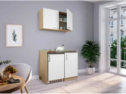 Respekta Miniküche MK100ESWOSC 100 cm Weiß-Eiche Sägerau Nachbildung
