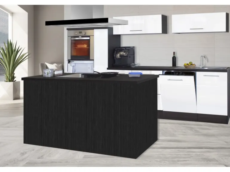 Respekta Premium Inselküche 310 cm Weiß Hochglanz-Eiche Grau