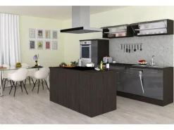 Respekta Premium Inselküche 310 cm Grau Hochglanz-Eiche Grau