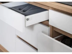 Respekta Premium Küchenzeile GLRP445HESWGKEOES Grifflos 445 cm Weiß Eiche NB