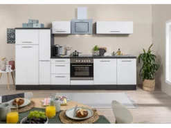 Respekta Premium Küchenzeile 310 cm Weiß Hochglanz-Eiche Grau