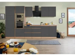 Respekta Premium Küchenzeile Grifflos 335 cm Grau Hochglanz-Eiche Sägerau