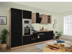 Respekta Premium Küchenzeile GLRP345HESSGKEOES Grifflos 345 cm Schwarz Eiche NB