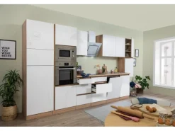 Respekta Premium Küchenzeile Grifflos 395 cm Weiß Hochglanz-Eiche Sägerau