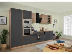 Respekta Premium Küchenzeile GLRP345HESGGKEOES Grifflos 345 cm Grau Eiche NB