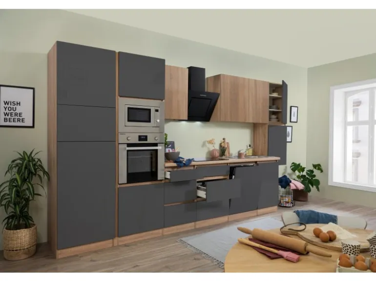 Respekta Premium Küchenzeile GLRP395HESGGKEOES Grifflos 395 cm Grau Eiche NB