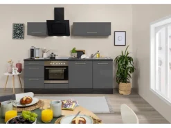 Respekta Premium Küchenzeile 220 cm Grau Hochglanz-Eiche Grau