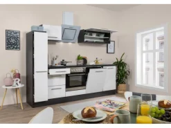 Respekta Premium Küchenzeile 250 cm Weiß Hochglanz-Eiche Grau