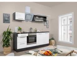 Respekta Premium Küchenzeile 210 cm Weiß Hochglanz-Eiche Grau mit 54 l Ofen