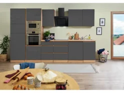 Respekta Premium Küchenzeile Grifflos 345 cm Grau Hochglanz-Eiche Sägerau