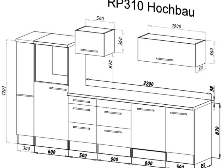 Respekta Premium Küchenzeile Amanda 310 cm Beton-Optik-Weiß