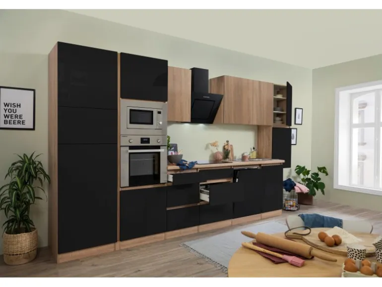 Respekta Premium Küchenzeile GLRP395HESSGKEOES Grifflos 395 cm Schwarz Eiche NB