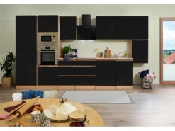 Respekta Premium Küchenzeile Grifflos 395 cm Schwarz Hochglanz-Eiche Sägerau