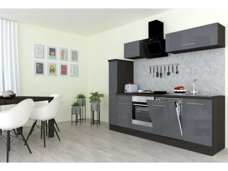 Respekta Premium Küchenzeile 250 cm Grau Hochglanz-Eiche Grau