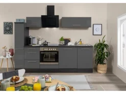 Respekta Premium Küchenzeile 250 cm Grau Hochglanz-Eiche Grau