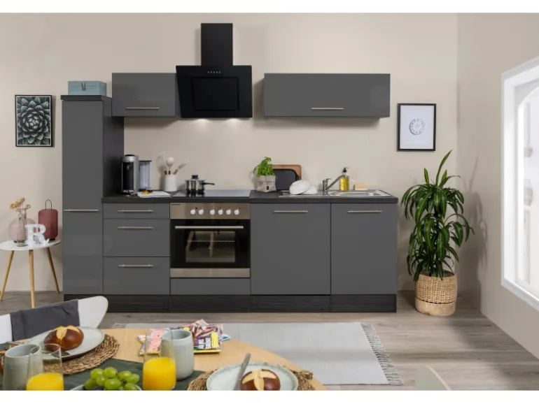 Respekta Premium Küchenzeile 250 cm Grau Hochglanz-Eiche Grau