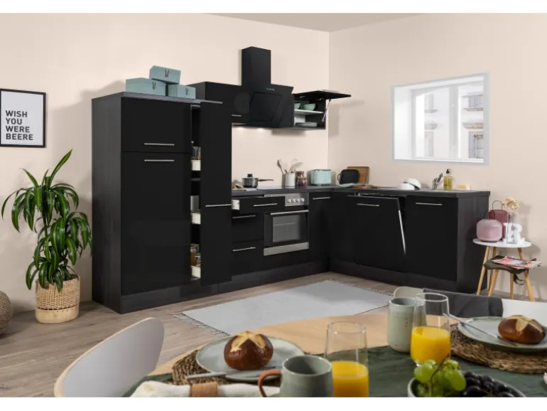 Respekta Premium Winkelküche RP290ESC 290 x 200 cm Schwarz Hochglanz-Eiche Grau