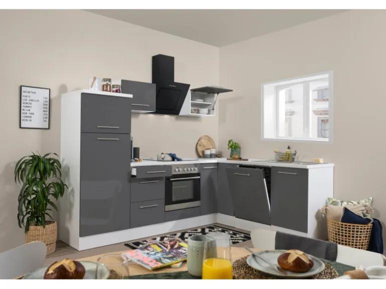 Respekta Premium Winkelküche 260 x 200 cm Grau Hochglanz-Weiß