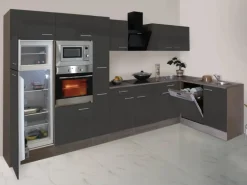 Respekta Winkelküche 370 cm Grau Seidenglanz - Eiche York Nachbildung