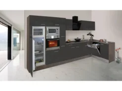 Respekta Winkelküche 370 cm Grau Seidenglanz - Eiche York Nachbildung
