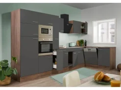 Respekta Winkelküche 370 cm Grau Seidenglanz - Eiche York Nachbildung