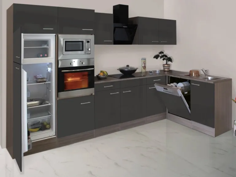 Respekta Winkelküche 340 cm Grau Seidenglanz-Eiche York Nachbildung