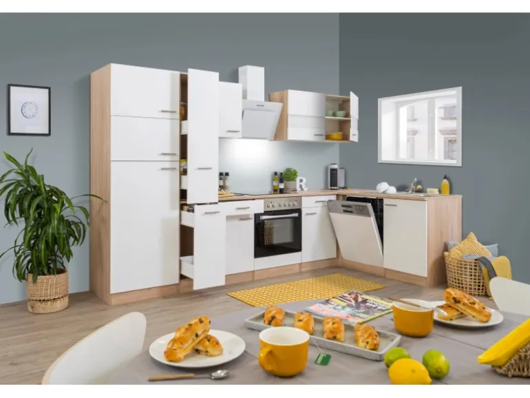 Respekta Winkelküche KBL310ESWSC 310 cm Weiß Sonoma Eiche Sägerau Nachbildung