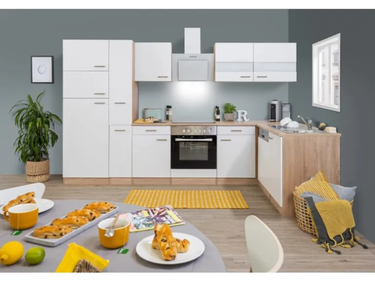 Respekta Winkelküche KBL310ESWSC 310 cm Weiß Sonoma Eiche Sägerau Nachbildung