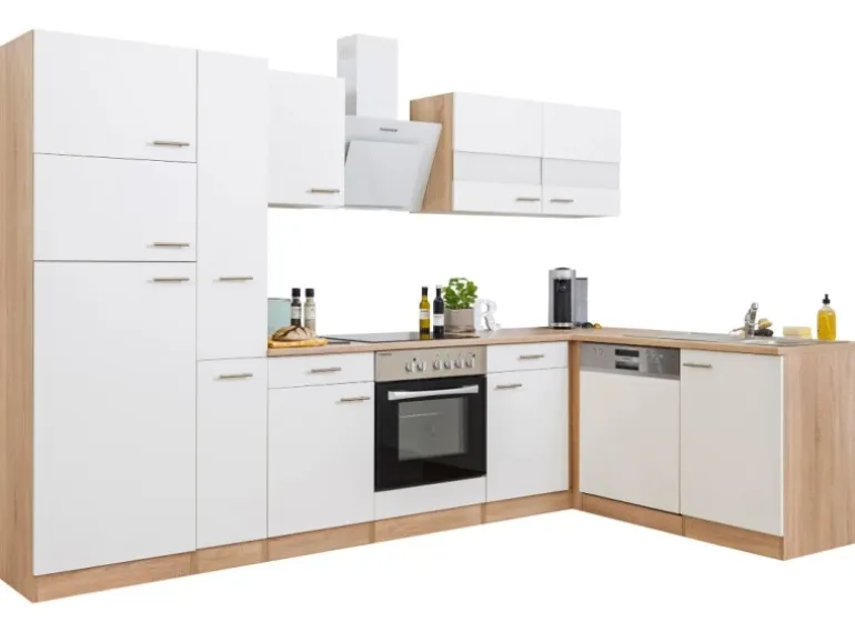 Respekta Winkelküche KBL310ESWSC 310 cm Weiß Sonoma Eiche Sägerau Nachbildung