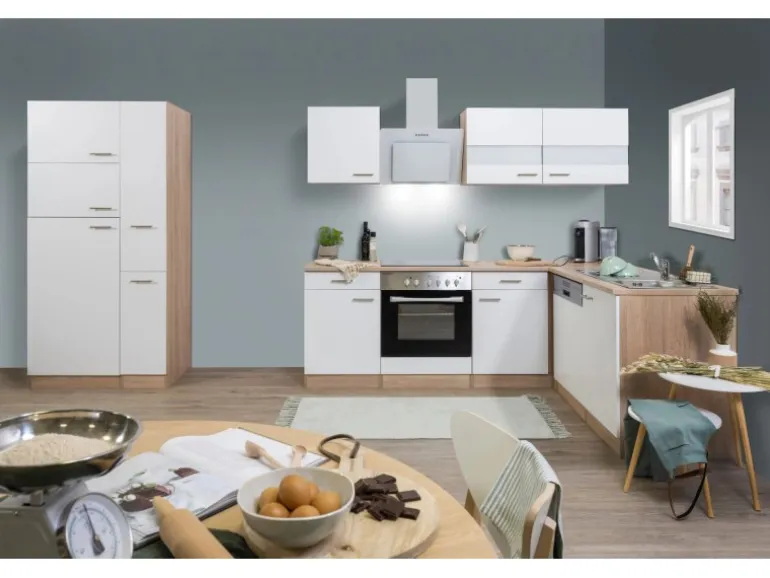 Respekta Winkelküche KBL310ESWSC 310 cm Weiß Sonoma Eiche Sägerau Nachbildung