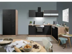 Respekta Winkelküche KBL310ESSSC 310 cm Schwarz Eiche Sonoma Sägerau Nachbildung