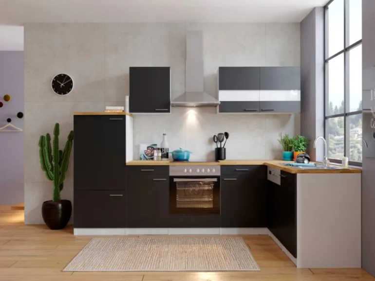 Respekta Winkelküche KBL280WSCG 280 x 172 cm Schwarz-Weiß-Butcher Nussbaum
