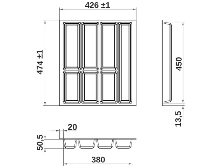 SOTECH Orga-Box VII Besteckeinsatz Schwarz 500 mm Höhe 50,5 mm mit Softtouch Oberfläche