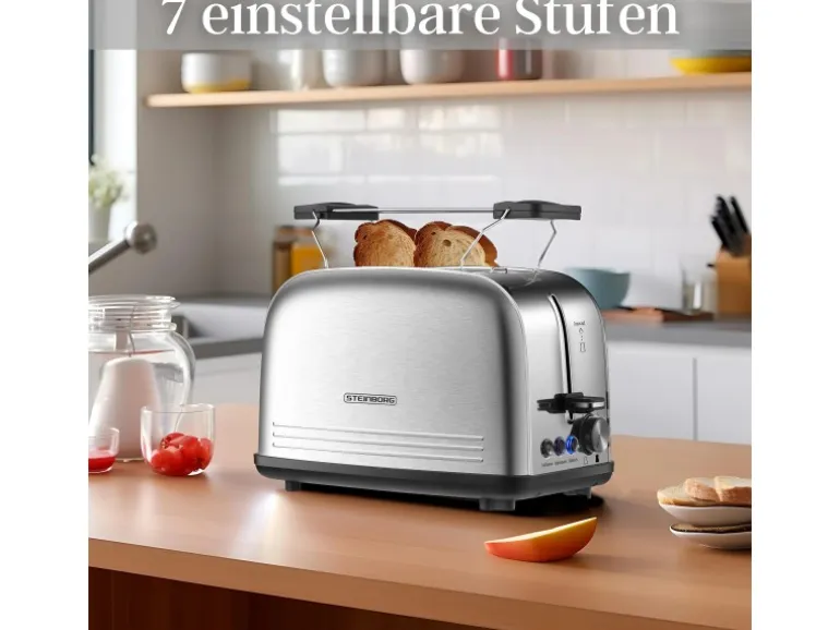 Steinborg SB-2071 2 Scheiben Edelstahl Toaster mit Brötchenaufsatz 850 Watt
