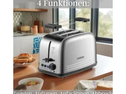 Steinborg SB-2071 2 Scheiben Edelstahl Toaster mit Brötchenaufsatz 850 Watt