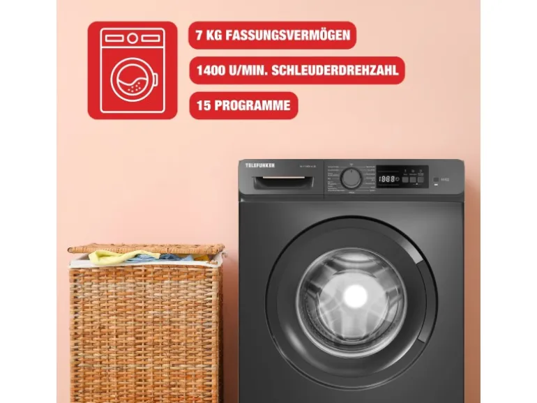 Telefunken Waschmaschine 7kg Frontlader 1400 U/Min Inverter Motor AquaStop Schontrommel Dark Inox W-7-1400-A-DI