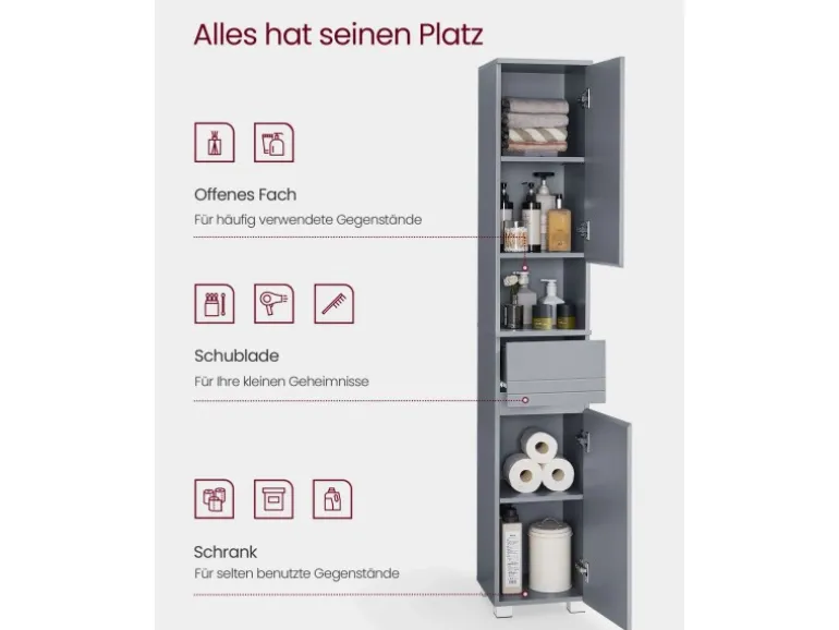 Vasagle Badezimmerschrank 30 cm x 30 cm x 170 cm Grau