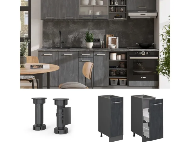 Vicco Apothekerschrank R-Line Medizinschrank für die Küche Schwarz Beton 30 cm AP Anthrazit mit Anthrazit Korpus
