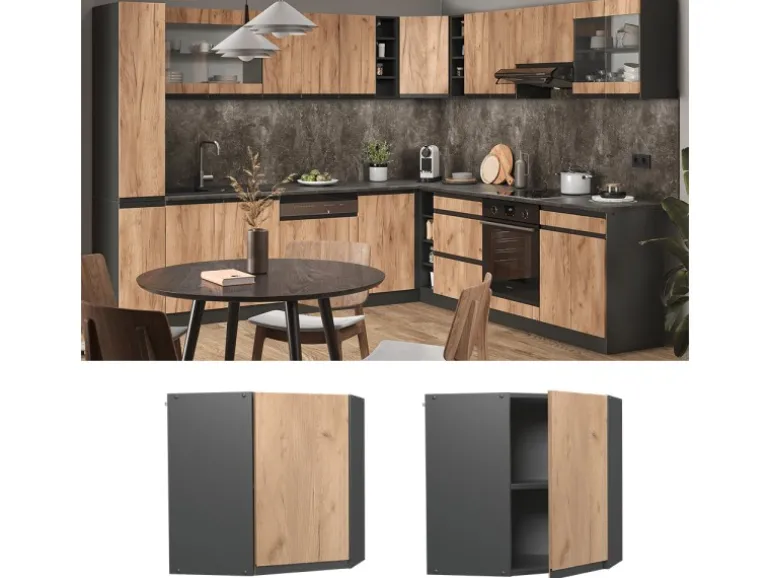 Vicco Eckhängeschrank R-Line Küchen-Eckschrank Goldkraft Eiche/Anthrazit 57 cm J-Shape