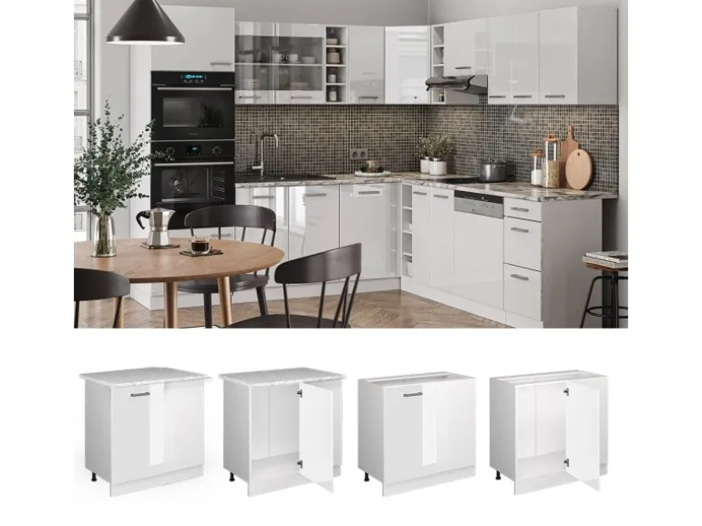 Vicco Eckunterschrank R-Line Küchen Eckschrank Weiß Hochglanz/Weiß 86 cm AP Marmor