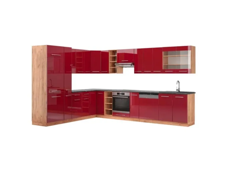 Vicco Fame-Line Eckküche Bordeaux Hochglanz/Goldkraft Eiche 347 x 257 cm AP Anthrazit ohne E-Geräte