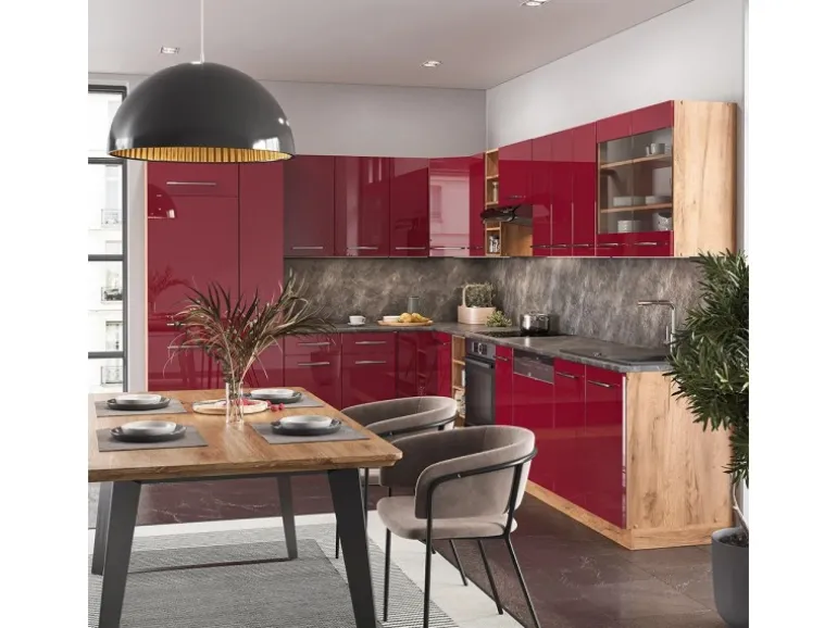 Vicco Fame-Line Eckküche Bordeaux Hochglanz/Goldkraft Eiche 347 x 257 cm AP Anthrazit ohne E-Geräte