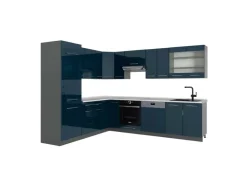Vicco Fame-Line Eckküche Dunkelblau Hochglanz/Anthrazit 227 x 287 cm AP Marmor ohne E-Geräte