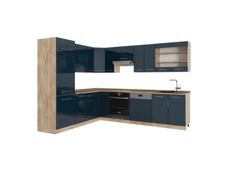 Vicco Fame-Line Eckküche Dunkelblau Hochglanz/Goldkraft Eiche 227 x 287 cm AP Eiche ohne E-Geräte