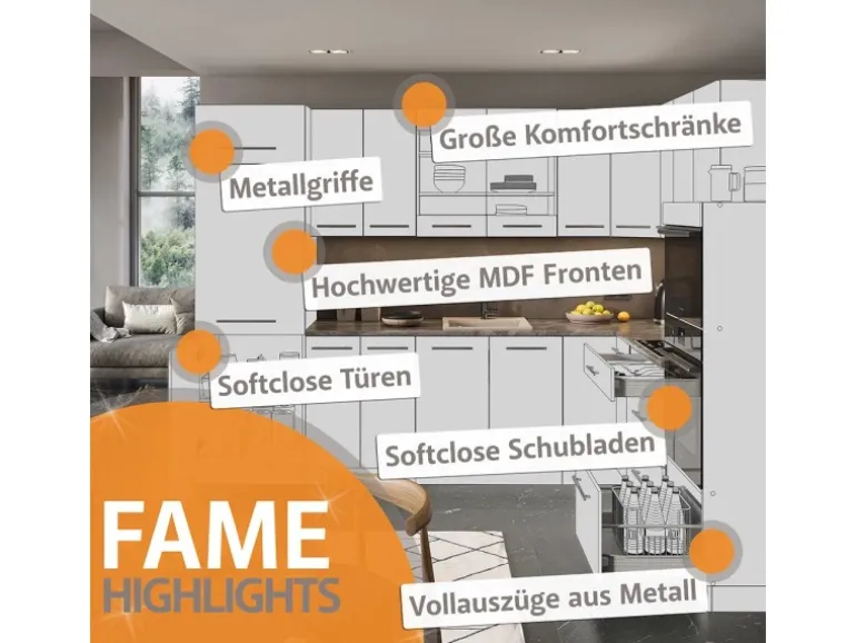 Vicco Fame-Line Eckküche Dunkelblau Hochglanz/Goldkraft Eiche 227 x 287 cm AP Eiche ohne E-Geräte
