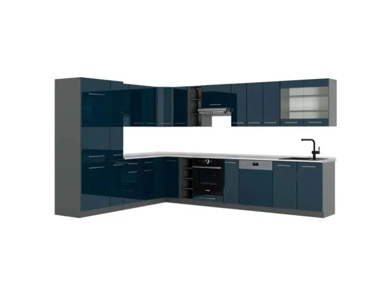 Vicco Fame-Line Eckküche Dunkelblau Hochglanz/Anthrazit 257 x 60 cm AP Marmor ohne E-Geräte