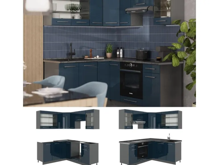 Vicco Fame-Line Eckküche Dunkelblau Hochglanz/Anthrazit 160 x 190 cm AP Anthrazit ohne E-Geräte
