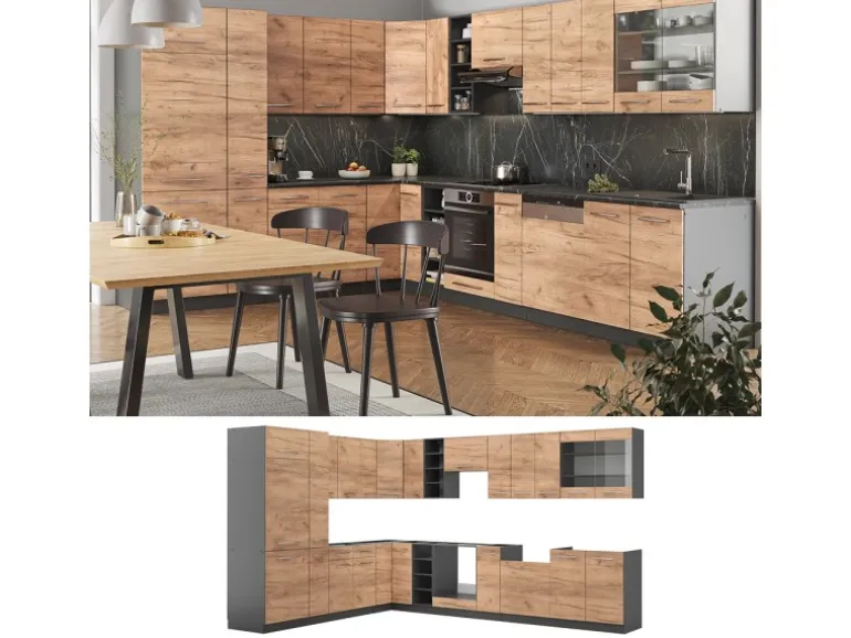 Vicco Fame-Line Eckküche Goldkraft Eiche/Anthrazit 347 x 257 cm AP Eiche ohne E-Geräte